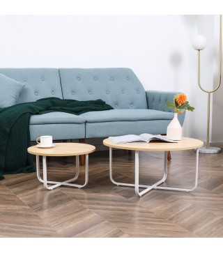Juego de 2 Mesas de Centro Ø65x32 cm y Ø45x26 cm con Encimera de Madera y Patas de Metal Natural y Blanco
