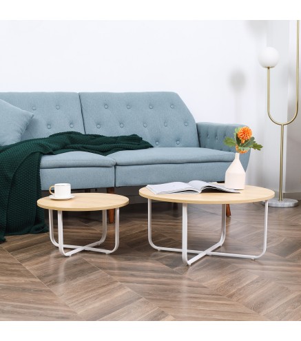 Juego de 2 Mesas de Centro Ø65x32 cm y Ø45x26 cm con Encimera de Madera y Patas de Metal Natural y Blanco