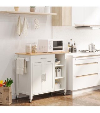 Isla de Cocina con Ruedas Mueble Auxiliar de Cocina con Cajón Estantes y Barra Lateral 107,5x48x89 cm Blanco