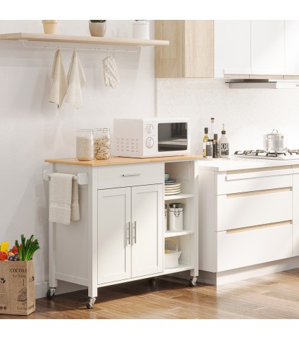 Isla de Cocina con Ruedas Mueble Auxiliar de Cocina con Cajón Estantes y Barra Lateral 107,5x48x89 cm Blanco