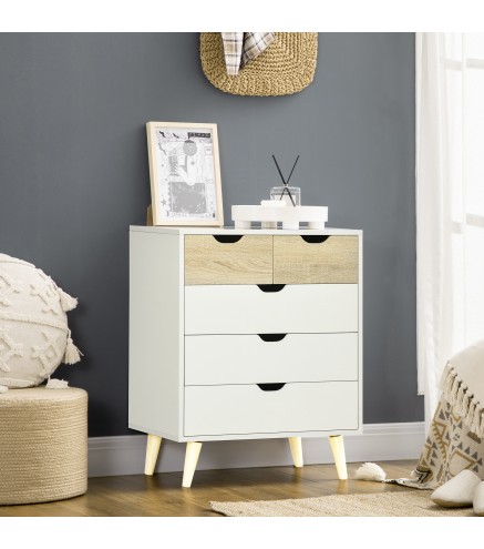 Cómoda con 5 Cajones Cajonera para Dormitorio Salón Estudio Estilo Moderno 60x40x77,5 cm Natural y Blanco