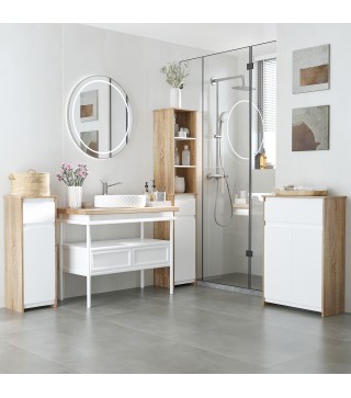 Armario de Baño con 1 Cajón y 2 Puertas Mueble Auxiliar de Estilo Moderno 60x30x90 cm Blanco y Natural