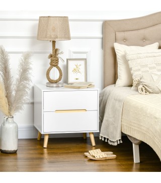 Mesita de Noche con 2 Cajones y Patas de Madera Mesilla de Noche Estilo Moderno 50x40x50,5 cm Blanco