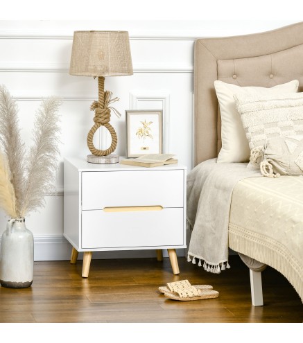 Mesita de Noche con 2 Cajones y Patas de Madera Mesilla de Noche Estilo Moderno 50x40x50,5 cm Blanco