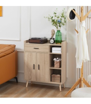 Aparador de Salón Moderno con 2 Puertas 1 Cajón y 3 Estantes Abiertos 80x30x96,5 cm Natural