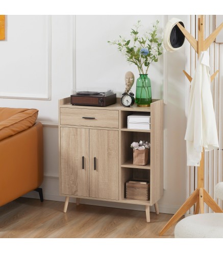 Aparador de Salón Moderno con 2 Puertas 1 Cajón y 3 Estantes Abiertos 80x30x96,5 cm Natural