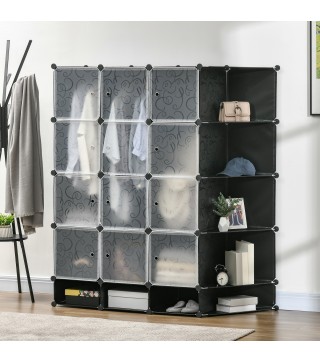 Armario Modular Organizador Portátil con 16 Compartimentos y 2 Barras de Colgar Ropa Negro y Blanco