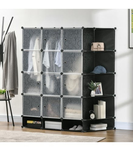 Armario Modular Organizador Portátil con 16 Compartimentos y 2 Barras de Colgar Ropa Negro y Blanco