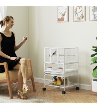 Jaula para Pájaros con Paneles Acrílicos Comederos Soporte Ruedas y Estante Inferior 48x46x83 cm Blanco