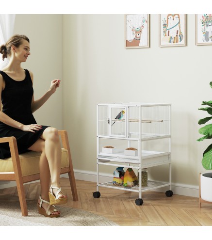 Jaula para Pájaros con Paneles Acrílicos Comederos Soporte Ruedas y Estante Inferior 48x46x83 cm Blanco