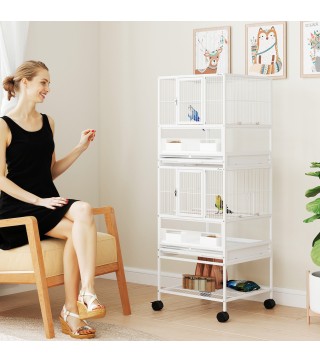 Jaula para Pájaros de 2 Niveles con Paneles Acrílicos Comederos Perchas Ruedas y Estante Inferior 48x46x134,5 cm Blanco