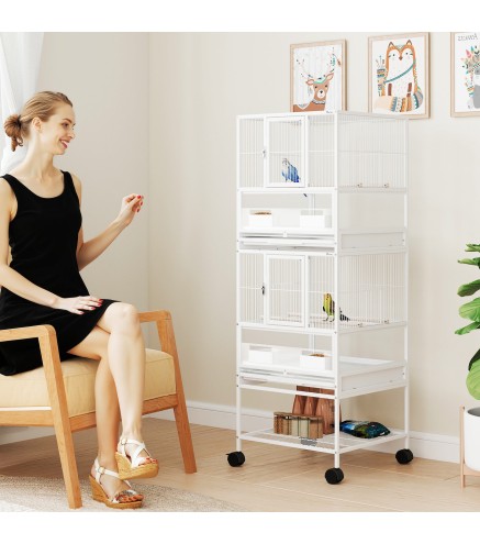 Jaula para Pájaros de 2 Niveles con Paneles Acrílicos Comederos Perchas Ruedas y Estante Inferior 48x46x134,5 cm Blanco