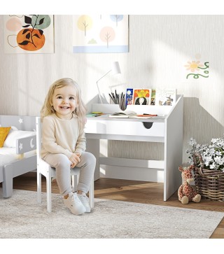Juego de Escritorio y Silla para Niños de +3 Años con Cajón Extraíble y Compartimento Gris y Blanco