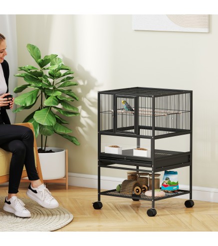 Jaula para Pájaros con Paneles Acrílicos Comederos Soporte Ruedas y Estante Inferior 48x46x83 cm Negro