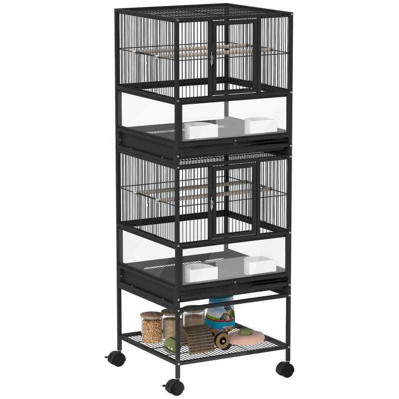 Jaula para Pájaros de 2 Niveles con Paneles Acrílicos Comederos Perchas Ruedas y Estante Inferior 48x46x134,5 cm Negro