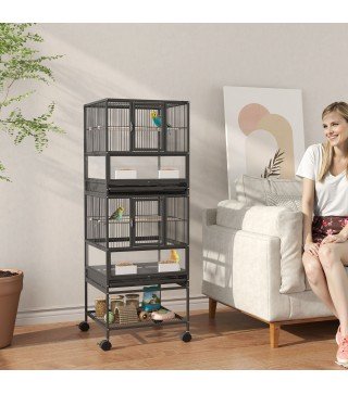 Jaula para Pájaros de 2 Niveles con Paneles Acrílicos Comederos Perchas Ruedas y Estante Inferior 48x46x134,5 cm Negro