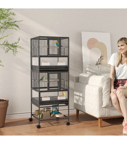 Jaula para Pájaros de 2 Niveles con Paneles Acrílicos Comederos Perchas Ruedas y Estante Inferior 48x46x134,5 cm Negro