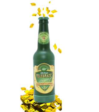 CAÑON CONFETIS DORADO EN FORMA BOTELLA CERVEZA