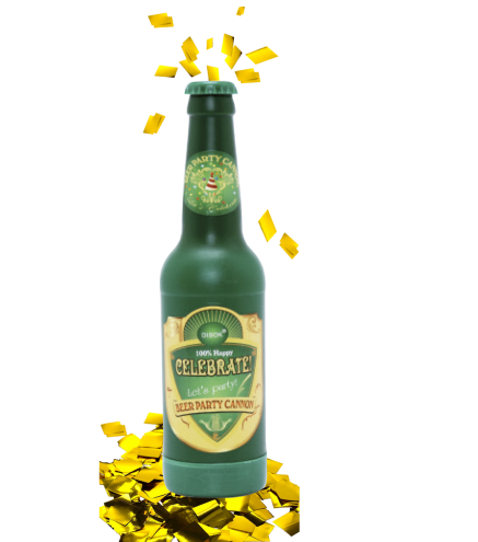 CAÑON CONFETIS DORADO EN FORMA BOTELLA CERVEZA