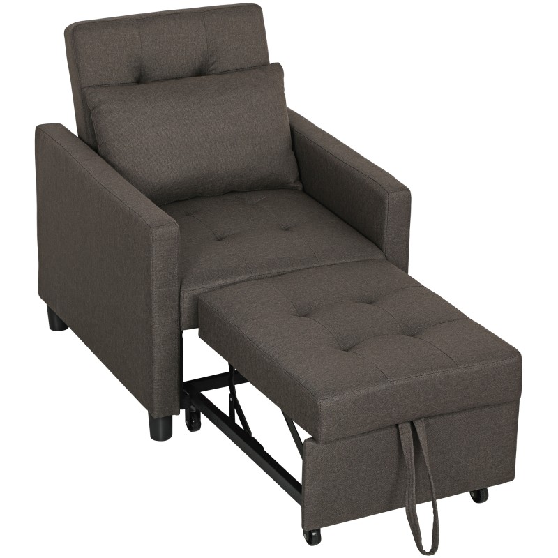 Sofá Cama de 1 Plaza Tapizado en Lino con Respaldo Ajustable de 3 Niveles y Almohada Acolchada 69x82,5x84 cm Marrón