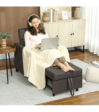 Sofá Cama de 1 Plaza Tapizado en Lino con Respaldo Ajustable de 3 Niveles y Almohada Acolchada 69x82,5x84 cm Marrón