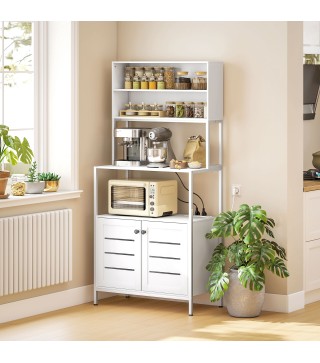 Estantería de Cocina con Toma de Corriente Soporte para Microondas con 2 Puertas 2 Puertos USB y Compartimentos Blanco