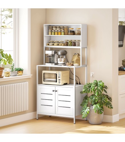 Estantería de Cocina con Toma de Corriente Soporte para Microondas con 2 Puertas 2 Puertos USB y Compartimentos Blanco