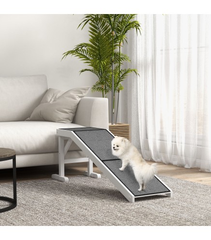 Rampa para Mascotas de Madera con Alfombra Antideslizante para Perros Pequeños o Mayores 152x40x50 cm Blanco y Gris