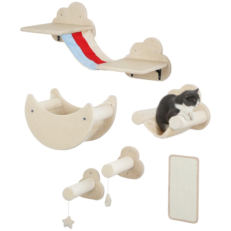 Juego de Escalada para Gatos de Pared de 6 Piezas con Hamacas Plataformas Tabla Rascador Escaleras y Estrellas Beige