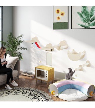 Juego de Escalada para Gatos de Pared de 6 Piezas con Hamacas Plataformas Tabla Rascador Escaleras y Estrellas Beige