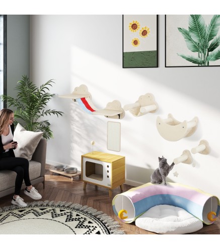 Juego de Escalada para Gatos de Pared de 6 Piezas con Hamacas Plataformas Tabla Rascador Escaleras y Estrellas Beige