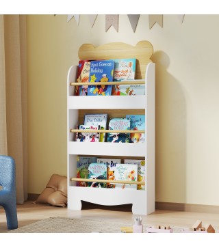 Estantería Infantil de 3 Niveles con Diseño de Osito Bordes Redondeados y Barreras de Seguridad para Libros y Juguetes
