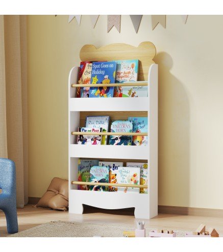 Estantería Infantil de 3 Niveles con Diseño de Osito Bordes Redondeados y Barreras de Seguridad para Libros y Juguetes