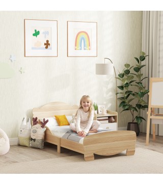 Cama Infantil de Madera con Barandillas y Diseño de Oso Estructura Baja para Niños de 3-6 Años 143,5x80x55 cm Natural
