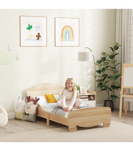 Cama Infantil de Madera con Barandillas y Diseño de Oso Estructura Baja para Niños de 3-6 Años 143,5x80x55 cm Natural