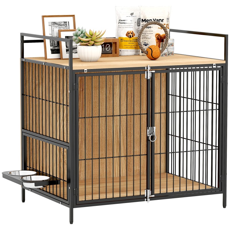 Jaula para Perros Mesa Auxiliar Moderna con Soporte Giratorio con 2 Tazones y 2 Puertas 80x56x76,5 cm Roble