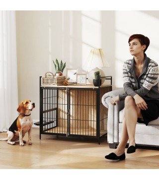 Jaula para Perros Mesa Auxiliar Moderna con Soporte Giratorio con 2 Tazones y 2 Puertas 80x56x76,5 cm Roble