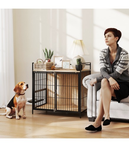 Jaula para Perros Mesa Auxiliar Moderna con Soporte Giratorio con 2 Tazones y 2 Puertas 80x56x76,5 cm Roble