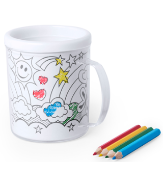 TAZA PARA COLOREAR 320 ML + 4 LÁMINAS + LÁPICES