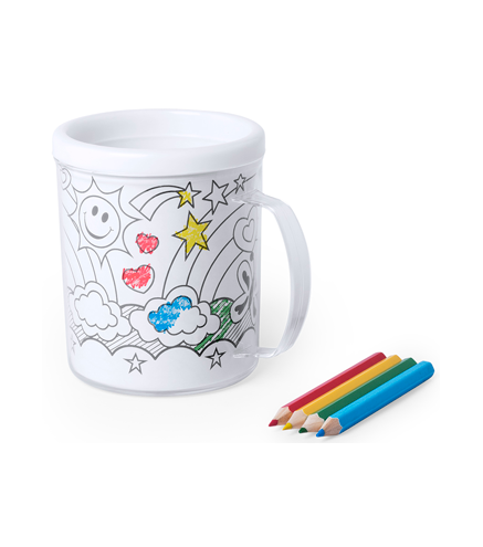 TAZA PARA COLOREAR 320 ML + 4 LÁMINAS + LÁPICES