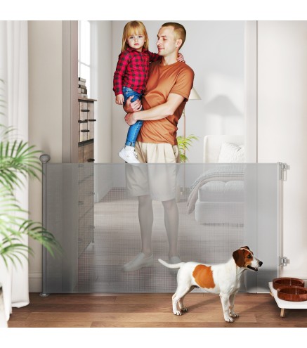 Barrera para Perros Retráctil 0-140 cm Barrera de Seguridad con Interruptor de Cierr para Puertas y Escaleras Gris