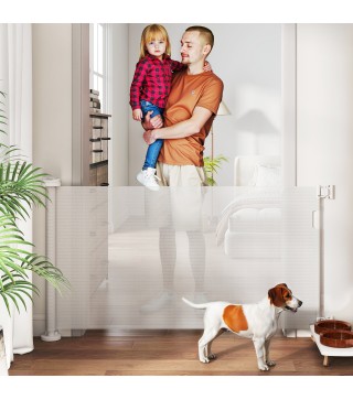 Barrera de Seguridad para Perros Retráctil con Interruptor de Cierre para Puertas Escaleras Pasillos 142x10x87 cm Blanco