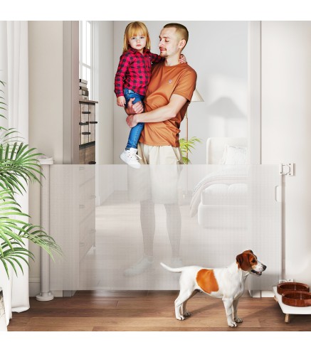 Barrera de Seguridad para Perros Retráctil con Interruptor de Cierre para Puertas Escaleras Pasillos 142x10x87 cm Blanco