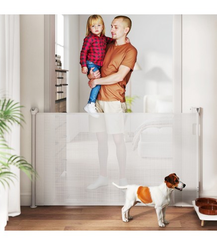 Barrera para Perros Retráctil 0-140 cm Barrera de Seguridad con Interruptor de Cierr para Puertas y Escaleras Blanco