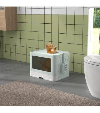 Arenero para Gatos Cubierto con Pala Cepillo 2 Puertas Entrada Principal y Salida Superior 48,5x38x36,5 cm Verde Claro