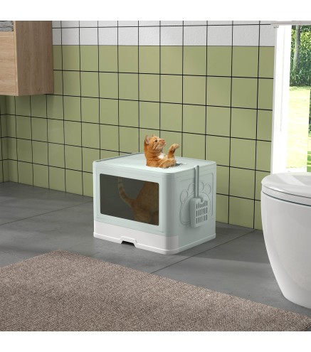 Arenero para Gatos Cubierto con Pala Cepillo 2 Puertas Entrada Principal y Salida Superior 48,5x38x36,5 cm Verde Claro