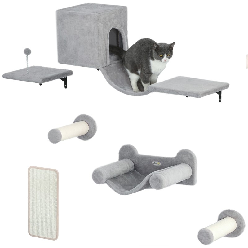 Juego de Escalada para Gatos de Pared de 6 Piezas con Condominio Plataforma Hamaca Escaleras y Tabla de Rascar Gris