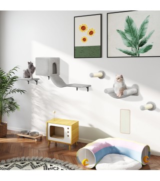 Juego de Escalada para Gatos de Pared de 6 Piezas con Condominio Plataforma Hamaca Escaleras y Tabla de Rascar Gris