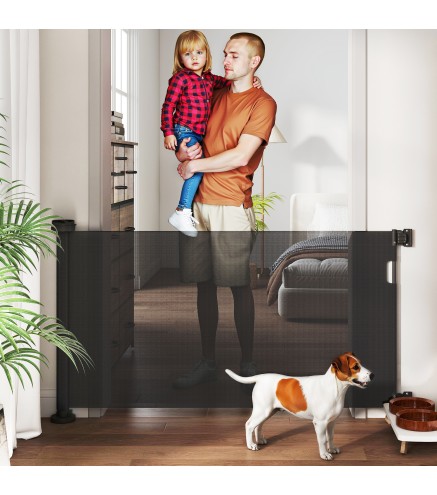 Barrera de Seguridad para Perros Retráctil con Interruptor de Cierre para Puertas Escaleras Pasillos 142x10x87 cm Negro