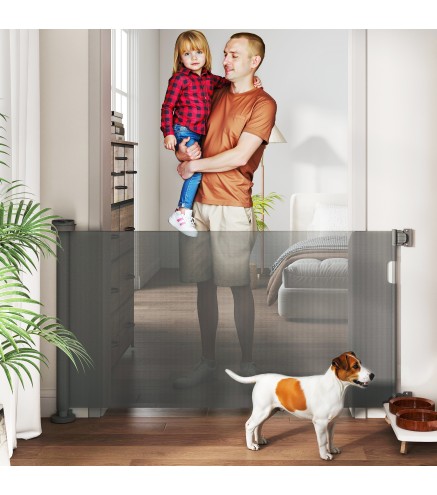 Barrera de Seguridad para Perros Retráctil con Interruptor de Cierre para Puertas Escaleras Pasillos 142x10x87 cm Gris